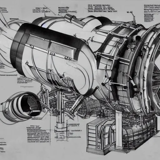 Prompt: archive blueprints of 1 9 4 0's nuclear powered spaceship engine