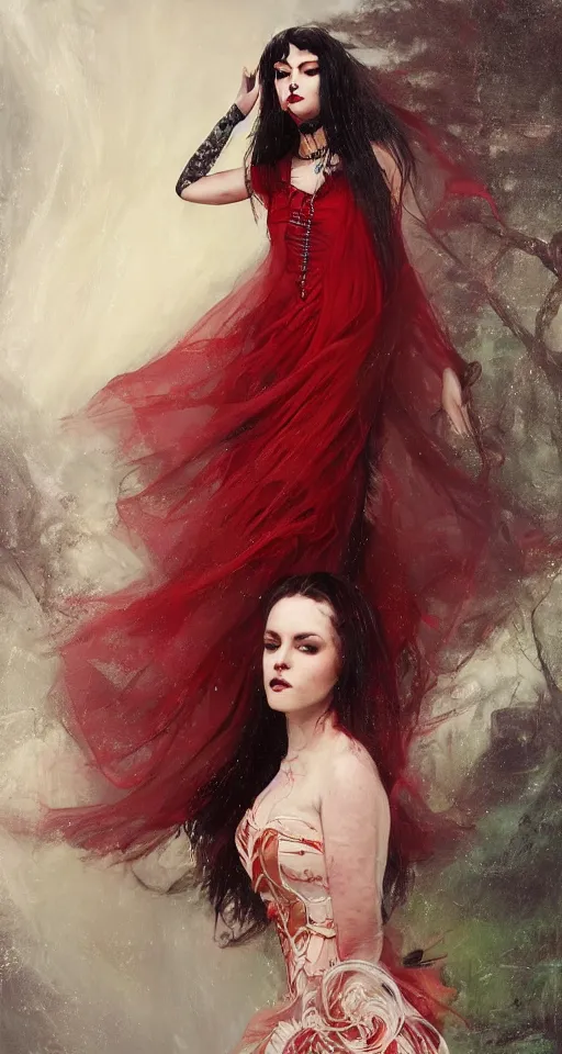 Prompt: one person only. One head only. Long flowing dress. Oversized flowing swirling dress floating very ornate dress . Solomon Joseph Solomon and Richard Schmid and Jeremy Lipking victorian genre painting portrait painting of a young beautiful woman punk rock goth with punk rock haircut in fantasy costume, red background