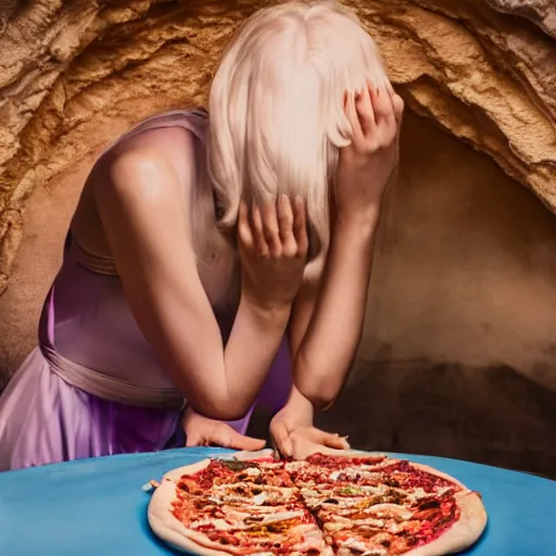 Image similar to cinematic photo of a beautiful albino praying mantis woman lit with saturated split colour blue and dusty pink lighting serving pizza in a grotto restaurant