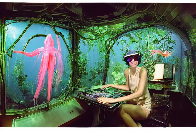 Image similar to closeup view of a mature female jellyfish human hybrid wearing discowear and visor shades, inside of an unlit 1950s luxury treehouse overflowing with vegetation with a soviet computer console and a single transparent wall that displays a scene of an NewYork subway station that is underwater, ektachrome photograph, volumetric lighting, 35mm f8 aperture