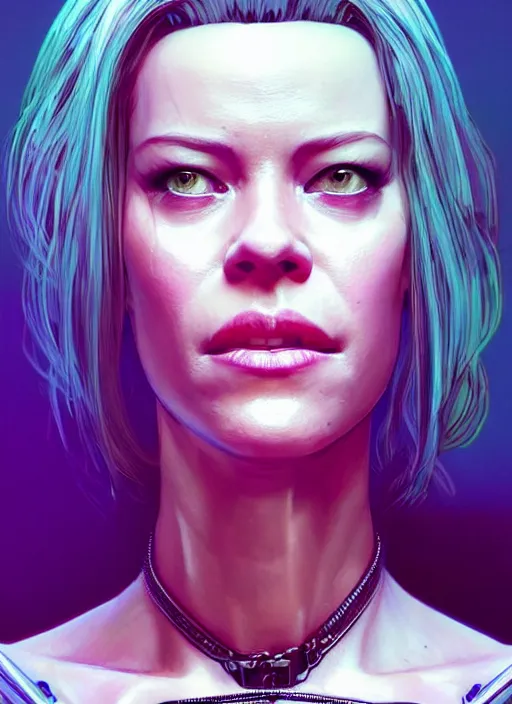 Image similar to portrait of Elizabeth Banks as a drug addicted character in Cyberpunk 2077, looking at camera, intricate, dystopian, sci-fi, extremely detailed, digital painting, artstation, concept art, smooth, sharp focus, illustration, intimidating lighting, incredible art by artgerm and greg rutkowski and alphonse mucha and simon stalenhag