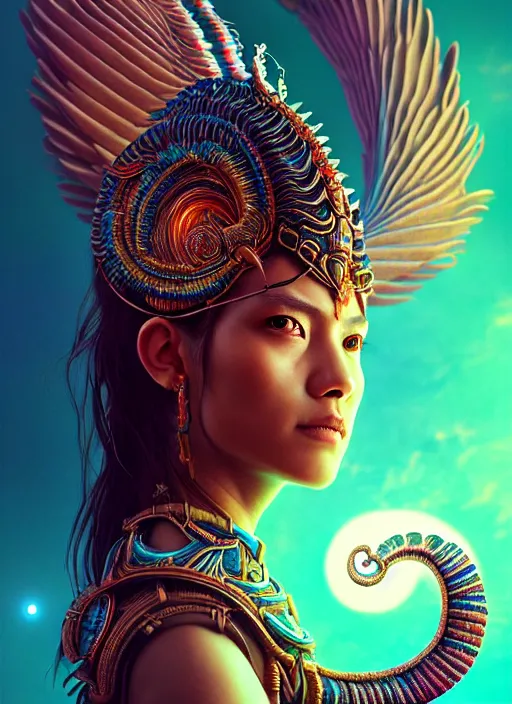 Prompt: a wlop 3 d portrait of a goddess, 8 k micro details beautiful intricate highly detailed quetzalcoatl skull and feathers. fire, galaxy, artwork by tooth wu and wlop and beeple and greg rutkowski, trending on artstation,