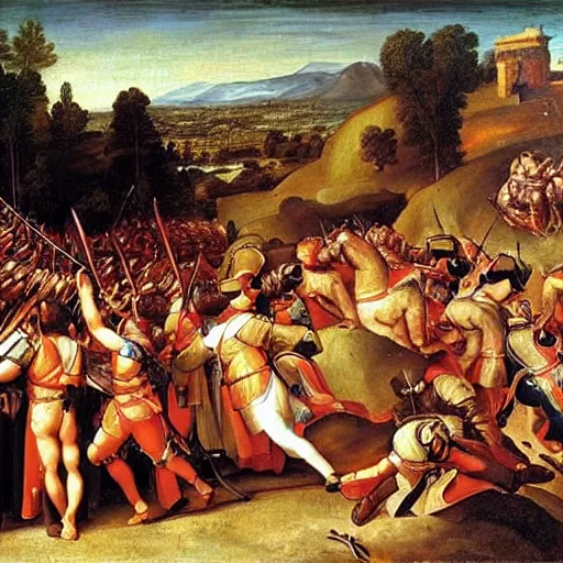 Prompt: a renaissance painting of napoleon's army and the roman army fighting.