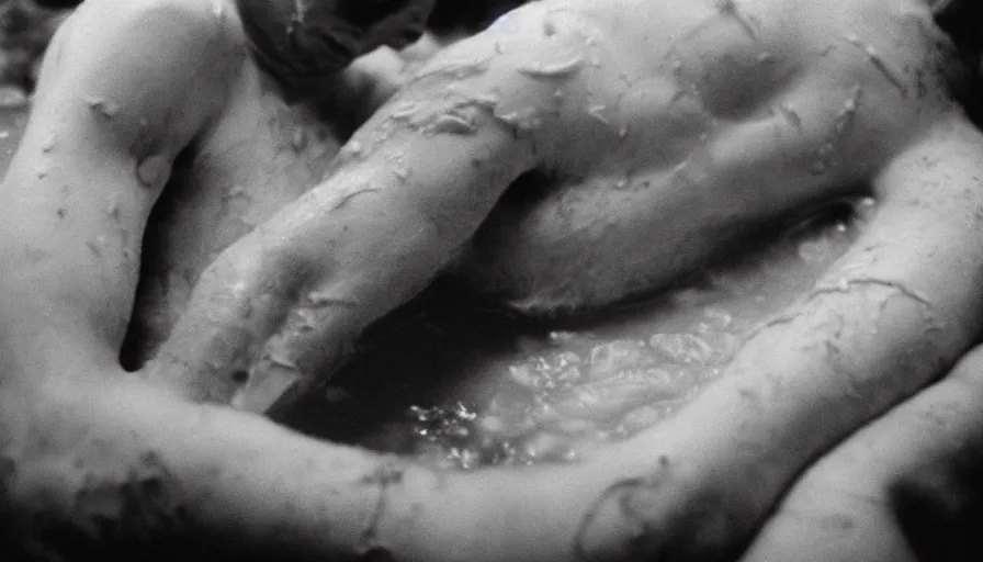 Image similar to hyper detailed movie still of marat wounded at the chest, in a bath flooded with blood, cinestill 8 0 0 t 3 5 mm, high quality, heavy grain, high detail, cinematic composition, dramatic light, anamorphic, ultra wide lens, hyperrealistic, by josef sudek