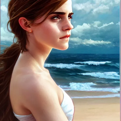 Image similar to ultra realistic illustration, wide angle shot, emma watson on a beach, intricate, elegant, highly detailed, digital painting, artstation, concept art, smooth, sharp focus, by artgerm and greg rutkowski and alphonse mucha