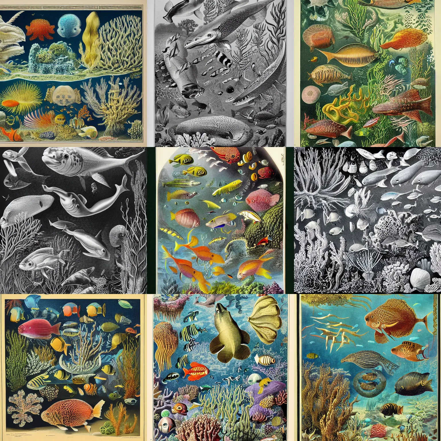 Prompt: landscape of rich and beautiful life under water scientific zoological illustration, made by Ernst Haeckel and John Megahan