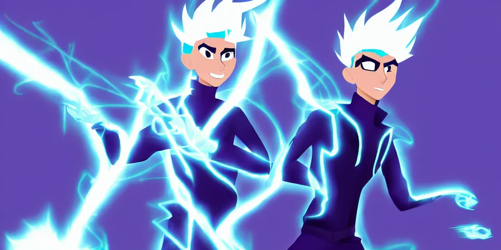 Prompt: a mage that looks like danny phantom he is at his desk working on a new spell that is casting out flowing energy, colorful, flowing energy, light rays, consistent face, medium shot, waist up, pixar and disney animation, sharp, concept art, highly detailed, bloom, dramatic lighting, cinematic