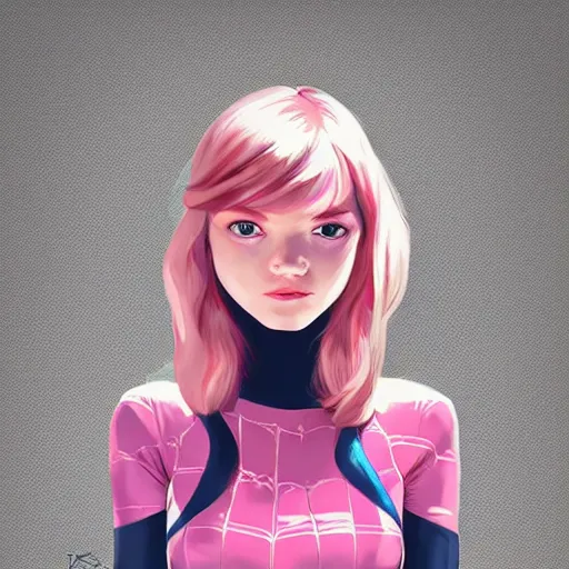 Image similar to girl portrait, Spider-woman gwen stacy, head and shoulders, matte print, pastel pink, digital art, cute freckles, digital painting, fan art, elegant, pixiv, by Ilya Kuvshinov, daily deviation, IAMAG