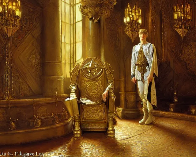 Prompt: attractive arthur pendragon, posing in the throne room of camelot highly detailed painting by gaston bussiere, craig mullins, j. c. leyendecker