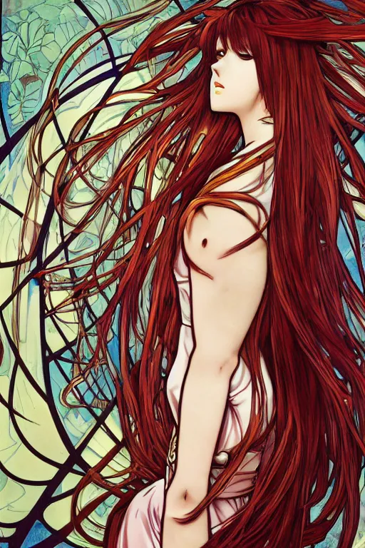 Image similar to Tonemapping Kurisu Makise in the style of Ayami Kojima and Alphonse Mucha