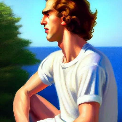 Prompt: A beautiful close-up of a young man with WHITE!!! curly!! long!! hair!!, dressed like in the 1940s, digital art by Edward Hopper, vibrant color scheme, highly detailed, in the style of romanticism, fine Art, high detail, great lighting, 8k resolution, masterpiece, concept art, illustration, clear eyes, soft lighting, soft details, painting oil on canvas, octane render, HDR, trending on artstation, 4k, 8k, HD