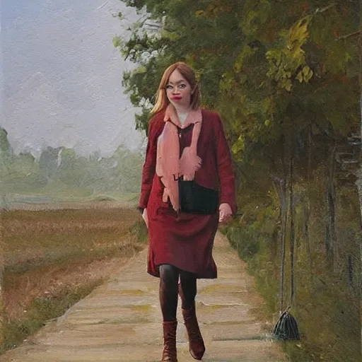 Prompt: emma stone in boots walking to outdoor toilet, russian depression, chthonic, by shulzhenko, nikolay kopeykin, lozhkin, vdovenko, oil painting art