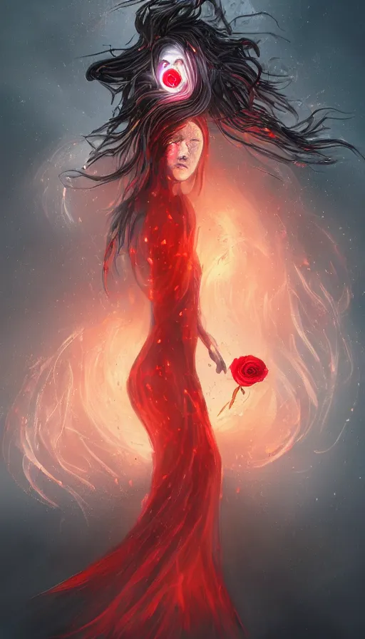 Prompt: 'Portrait of Beautiful faceless female elemental made of black fire, looking sideways, with no face, with red halo glowing out of her wrists, growing out of a giant rose, rose petals flying in the wind, fantasy, d&d, tragic, tense, digital painting, artstation, indieground, concept art, sharp focus, by Annie Swynnerton and Nicholas Roerich, madness combat, strong dramatic cinematic lighting , blood red sky, grey skin, smooth, sharp focus, extremely detailed, illustration, art by greg rutkowski, dave kendal, Godmachine, alphonse mucha''