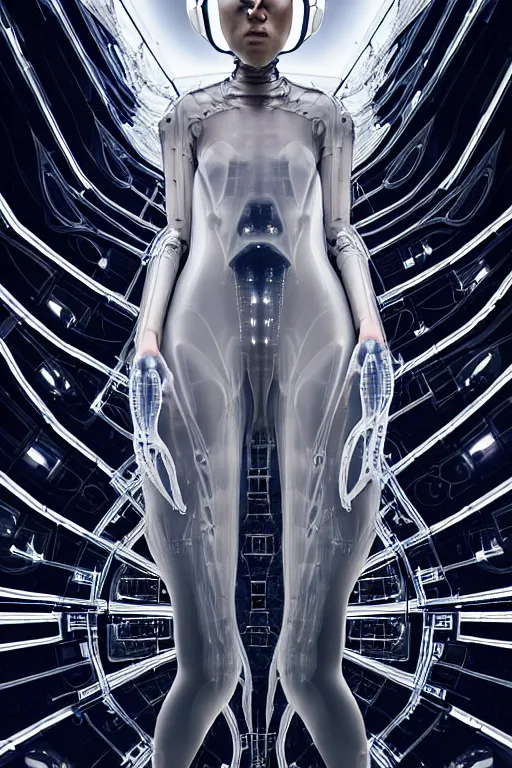 Prompt: background space station, dark inflateble dress iris van herpen positing on floor, helmet instead of a head, perfect symmetrical, full body shot, inflateble shapes, wires, tubes, veins, jellyfish, white biomechanical details, wearing epic bionic implants, masterpiece, intricate, biopunk, vogue, highly detailed, artstation, concept art