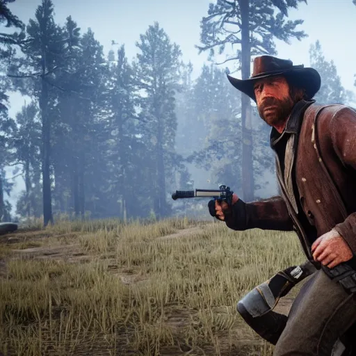 Prompt: chuck norris in red dead redemption 2, 4 k, high detail, high - resolution photograph, professional photography, ultra - detail