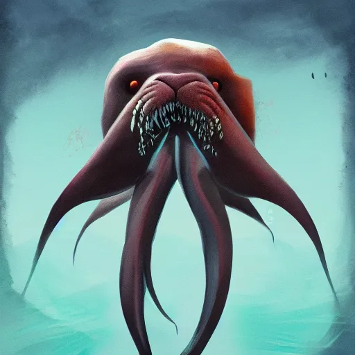 Image similar to A stunning digital painting of a walrus squid monster, professional digital art