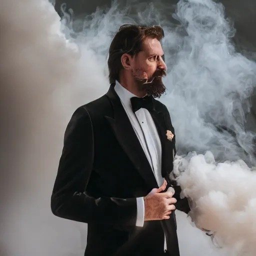 Prompt: Man wearing classy tuxedo inside cloud of smoke, gorgeous face, Canon EOS R3, details, f/1.4, ISO 200, 1/160s, 8K, RAW, unedited