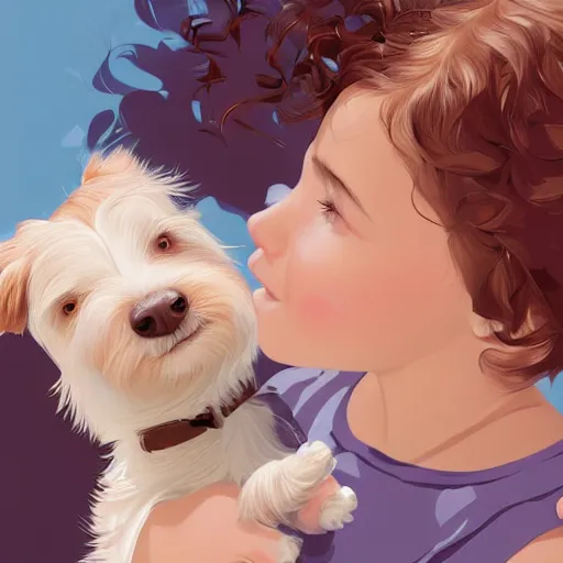 Prompt: cute little girl with short wavy curly light brown hair with a wire haired jack russell terrier puppy, white with brown patches over both eyes. detailed. blue background. clean cel shaded vector art by lois van baarle, artgerm, helen huang, by makoto shinkai and ilya kuvshinov, rossdraws, illustration, art by ilya kuvshinov