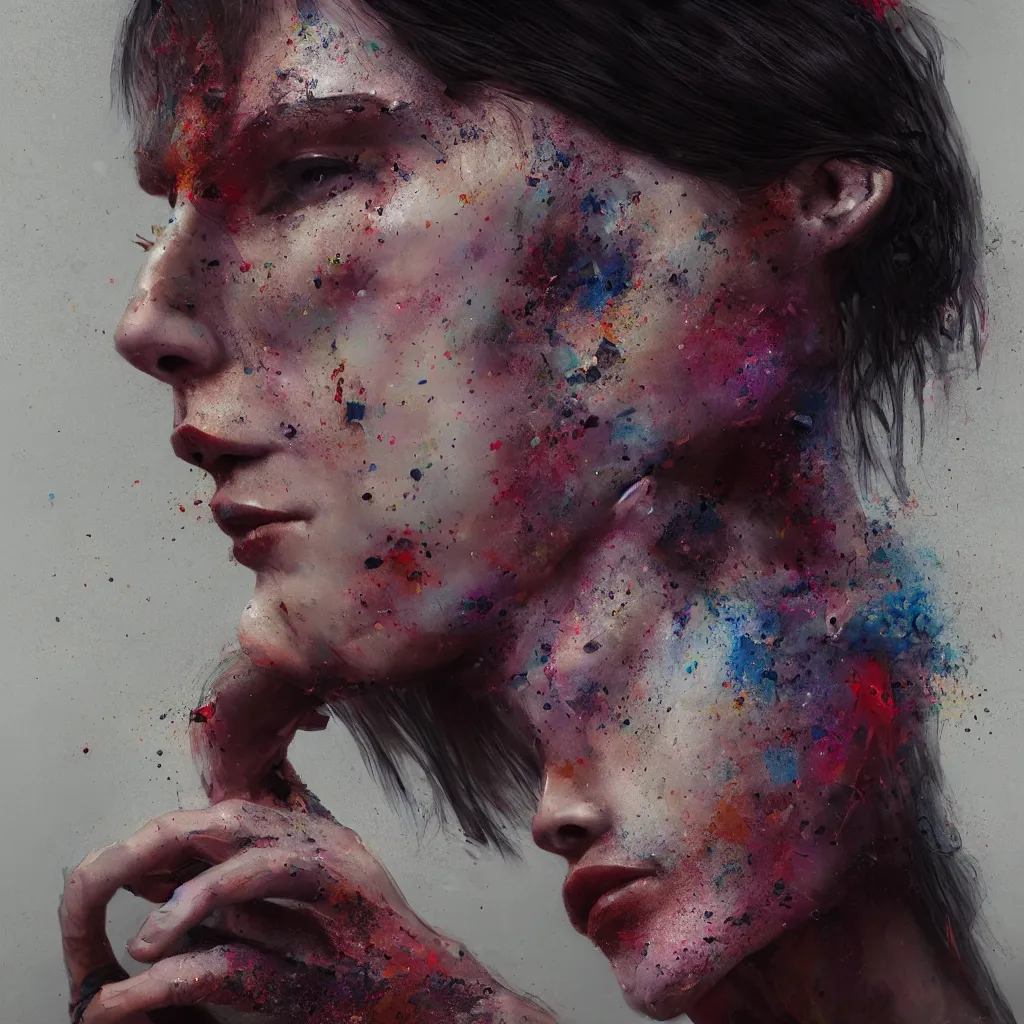 Image similar to , side portrait of one female artist, dark warm workshop atelier with canvases, moody, warm light, multicolor paint splatters on skin, cyborg hands, artstation, octane render, concept art