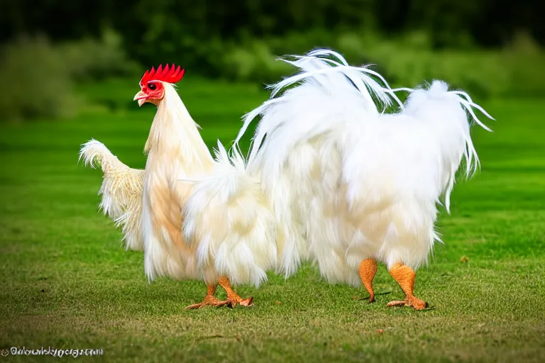 Image similar to absol is a quadrupedal silkie chicken. natural animal photography