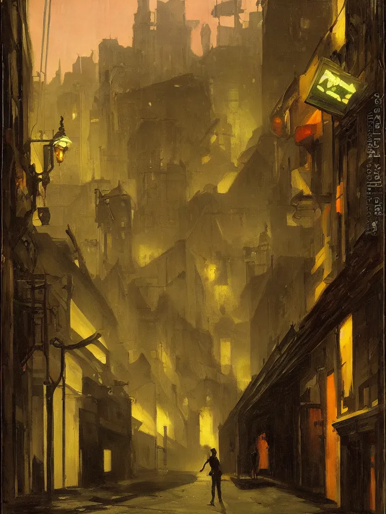 Image similar to a dark alley with abandoned buildings, a nightclub with neon signs by carl spitzweg and edward hopper