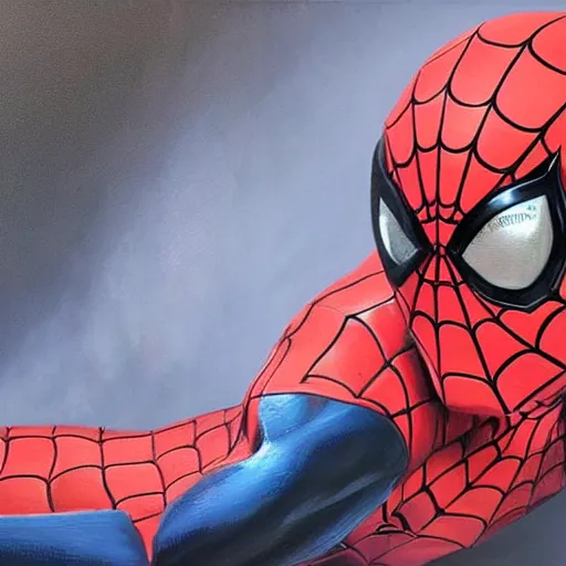 Image similar to photorealistic, hyperdetailed oil painting of a spider - man and iron man hybrid