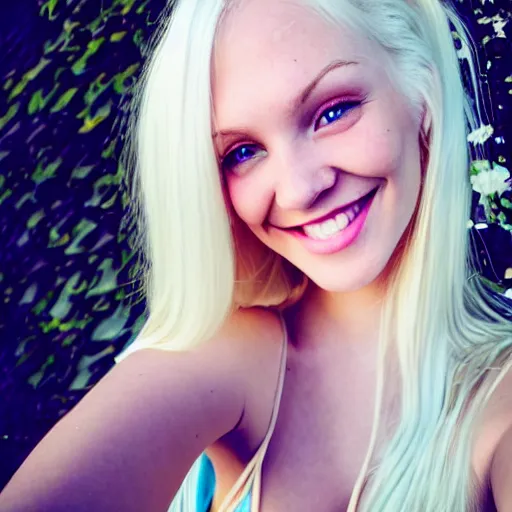 Image similar to beautiful selfie of a cute thin young woman smiling smugly, long light platinum blonde hair, flushed face, small heart - shaped face, cute freckles, light blue eyes, golden hour, 8 k, instagram