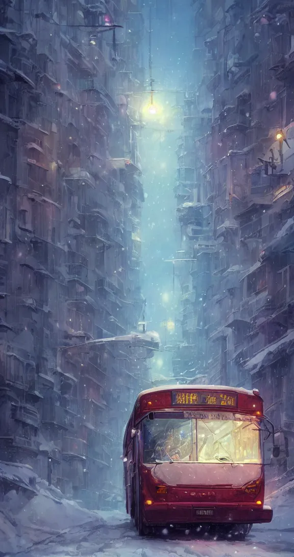 Image similar to A bus in a snowy city, bright, pretty, by Studio Ghibli and Greg Rutkowski, artstation