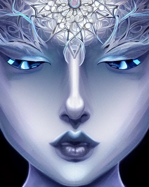 Image similar to concept art, crystal flower portrait, soft grey and blue natural light, intricate, highly detailed dark art, digital painting, artstation, concept art, smooth, sharp focus, illustration, symmetry!