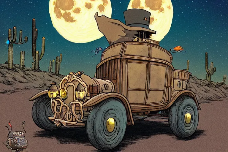 Image similar to a cell shaded cartoon of a lovecraftian turtle stage coach from howl's moving castle ( 2 0 0 4 ), on a desert road, in front of a full moon, full body, wide shot, very muted colors, post grunge, studio ghibli, laurie greasley, highly detailed, deviantart, art by artgem