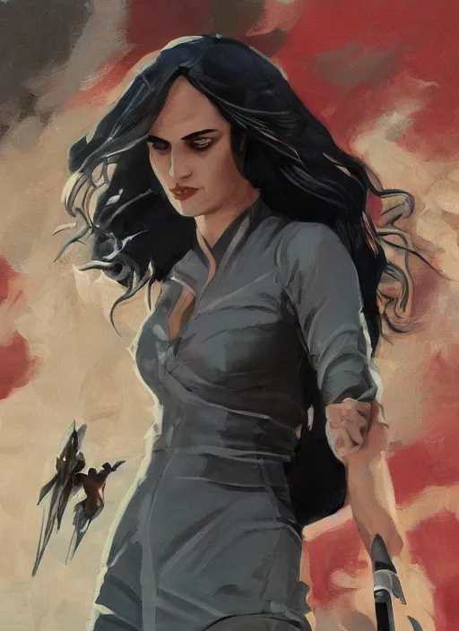 Image similar to detailed artwork by phil noto ; stylized painting of young jennifer connelly ; gal gadot ; eva green ; young jennifer connelly from the rocketeer ; brush texture ; asymmetric composition ; paint texture ; trending on artstation ; gallery painting by phil noto, comic style