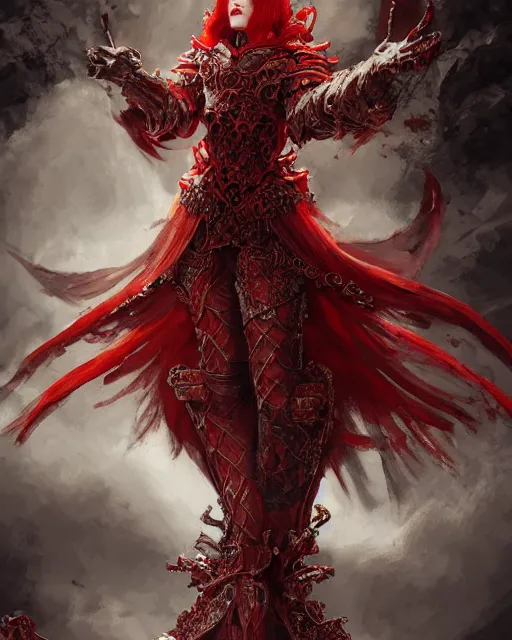 Image similar to redhead queen in heavy red armor, inside an epic gothic castle, baroque, large crown, face with scars, mad grin, intimidating, ominous, high fantasy, intricate detail, digital painting, artstation, concept art, smooth, sharp focus, illustration, art by yoshitaka amano and monia merlo and wlop