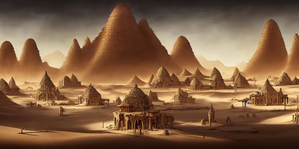 Image similar to a temple city surrounded by white sand desert dunes, merchants, camels, matte oil painting, chrome cathedrals, retrofuturistic, concept art, science fantasy, mutant, rpg, epic, rust, salt, jungle, dungeons & dragons, sharp focus, award - winning, extremely detailed, 4 k, 8 k