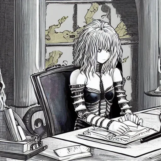 Image similar to griffith from berserk manga by kentaro miura sitting at his white house oval office desk