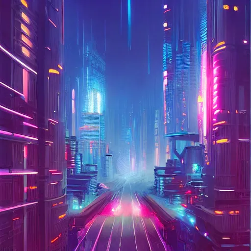 Prompt: a beautiful matte masterpiece of futuristic cyber punk city at night by rhads, trending on artstation, featured on behance, intricate, rectilinear.