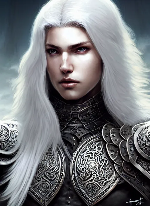 Image similar to warrior, leather armor!!! long wild white hair!! covered chest!!! fantasy, d & d, intricate ornate details, digital painting, pretty face!!, symmetry, concept art, sharp focus, illustration, art by artgerm! greg rutkowski magali villeneuve wlop! ilya kuvshinov!!, octane render