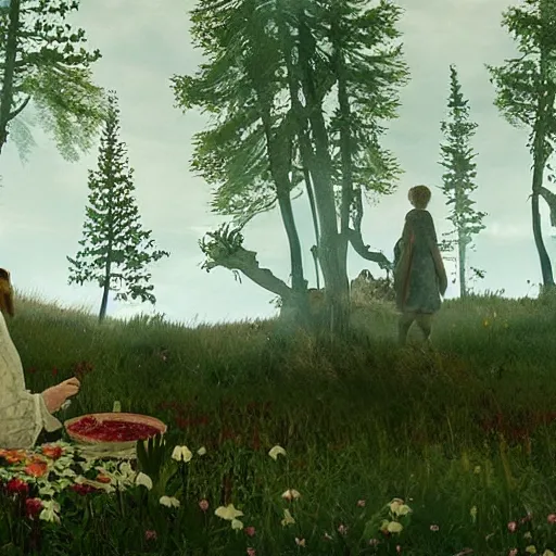 Image similar to a still from the movie midsommar made from a screenshot of the game okami