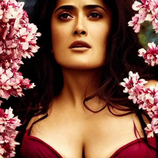 Image similar to photo of salma hayek in the style of stefan kostic, realistic, body shot, sharp focus, 8 k high definition, insanely detailed, intricate, elegant, art by stanley lau and artgerm, cherry blossoms