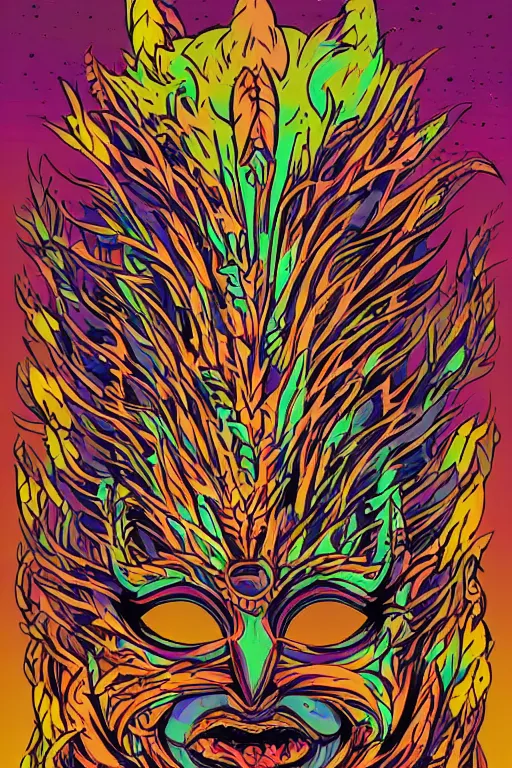 Image similar to animal mask totem roots flower tribal feather gemstone plant wood rock shaman vodoo video game vector cutout illustration vivid multicolor borderlands comics by josan gonzales and dan mumford radiating a glowing aura