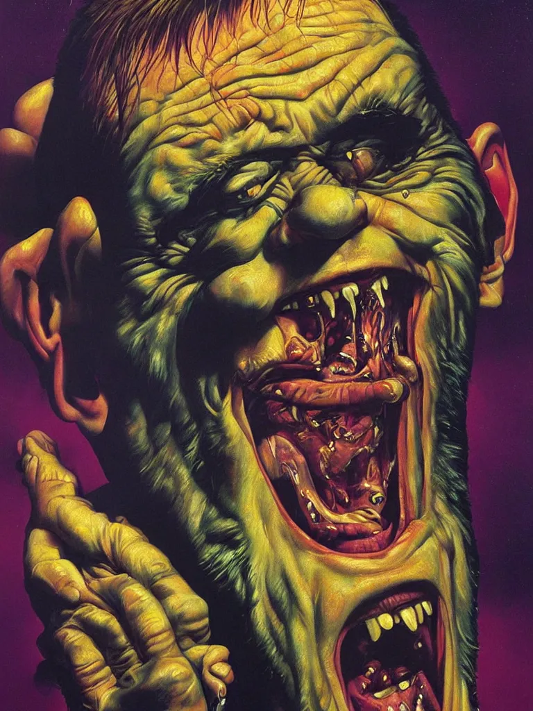 Image similar to hyper realistic painting, head of mark e smith from the fall laughing maniacally, outer glow, by richard corben, lisa frank, simon bisley and chuck close, very intense, depth of field, depth perception, hyperdetailed, rich deep vivid colours, sharp focus, directional lighting