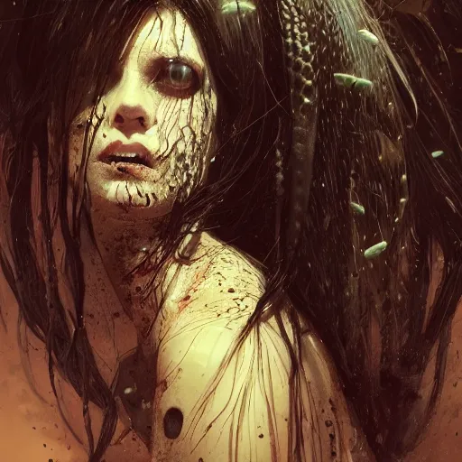 Prompt: portrait of a woman with long black hair and dozens of grubs on her face, coming out of holes in her skin, trypophobia, horror art, dramatic lighting, illustration by Greg rutkowski, yoji shinkawa, 4k, digital art, concept art, trending on artstation