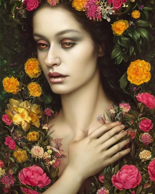 Image similar to portrait of the mexican queen of the underworld, surrounded by flowers by karol bak, james jean, tom bagshaw, rococo, sharp focus, trending on artstation, cinematic lighting, hyper realism, octane render, 8 k, hyper detailed.