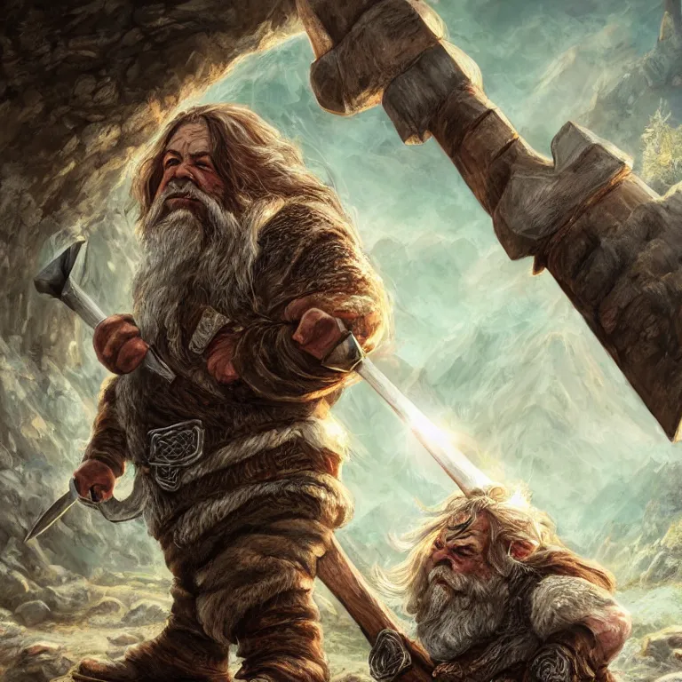 Image similar to dwarf with hammer in mountains, lord of the rings style, fantasy, poster, character portrait, portrait, close up, concept art, intricate details, highly detailed, full body, 8 k, detailed face, body