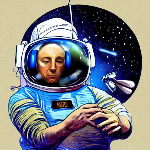 Prompt: an astronaut with headphone playing keyboard in the space, digital painting, digital art, neal adams