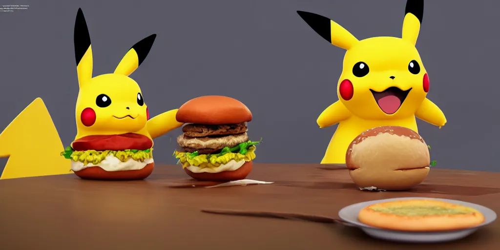 Prompt: Pikachu eating a hamburger, digital art, highly detailed, hyperrealistic, photorealistic, unreal engine 5, trending on artstation, 4k uhd, epic composition