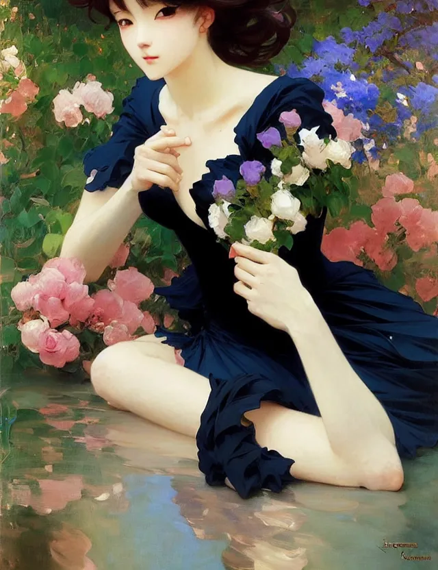 Prompt: beautiful anime woman in tight black dress sitting among blue roses, krenz cushart, mucha, by joaquin sorolla rhads leyendecker, by ohara koson