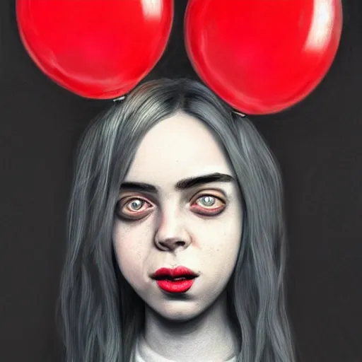 Prompt: surrealism grunge cartoon portrait sketch of billie eilish with a wide smile and a red balloon by - michael karcz, loony toons style, monsters inc style, horror theme, detailed, elegant, intricate