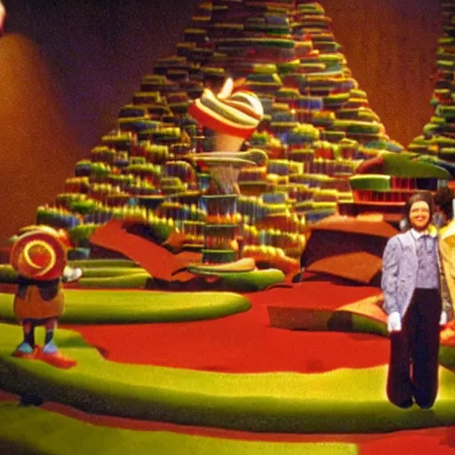 Prompt: a chocolate waterfall. Cinematic, volumetric lighting. Scene from 1971 film Willy Wonka & the Chocolate Factory