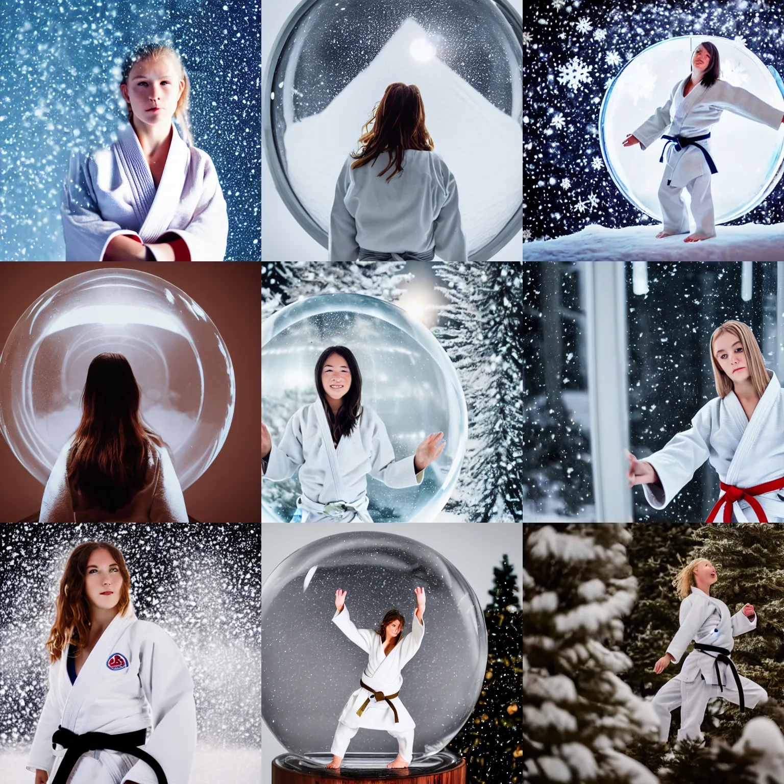 Prompt: Young white judo woman wearing a white gi, standing inside a giant snowglobe on a shelf, macro photography