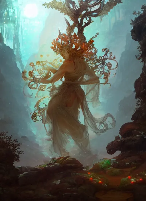 Image similar to Gigantic Stone Deity with a halo made of fluorescent mushrooms and antlers, flowing robes and translucent leaves, extremly detailed digital painting, in the style of Fenghua Zhong and Ruan Jia and jeremy lipking and Peter Mohrbacher, mystical colors, rim light, beautiful lighting, 8k, stunning scene, raytracing, octane, trending on artstation